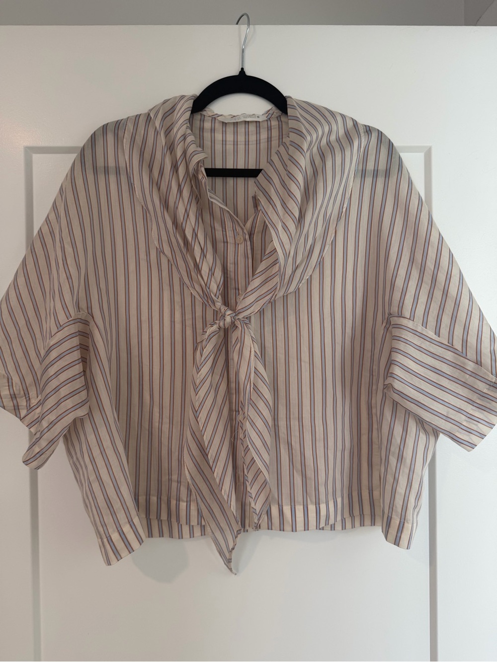 Zara Cream Blouse with Blue Stripes and Tie Neck